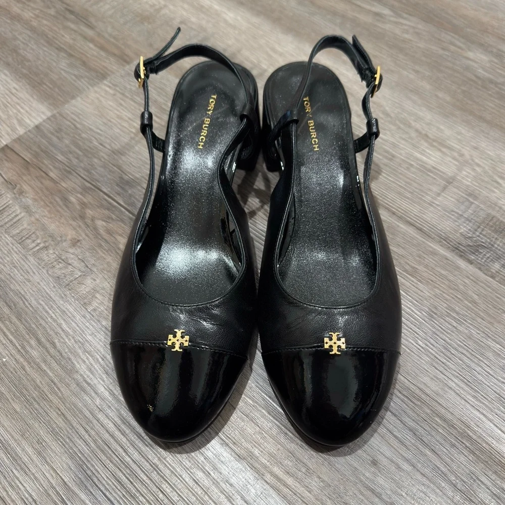 Tory Burch Cap Toe Slingback Pump in Black Leather